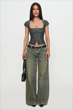 Vintage Square Neck Two Way Zip Stripe Crop Top
