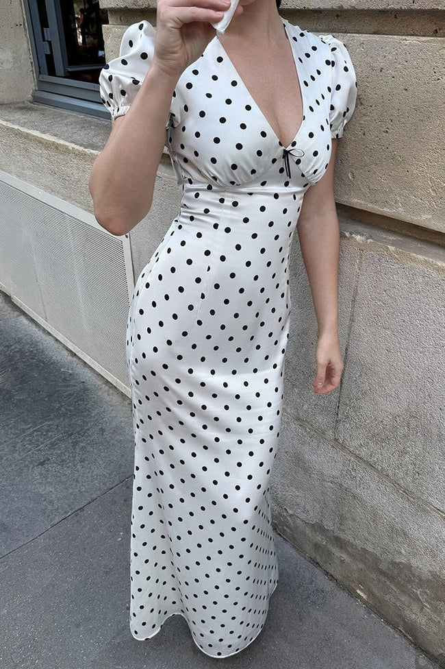 Polka Dot V-Neck Puff Sleeve Waist Tie Bodycon Maxi Dress Main image