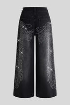 Wing Graphic Rhinestone Wide Leg Jeans