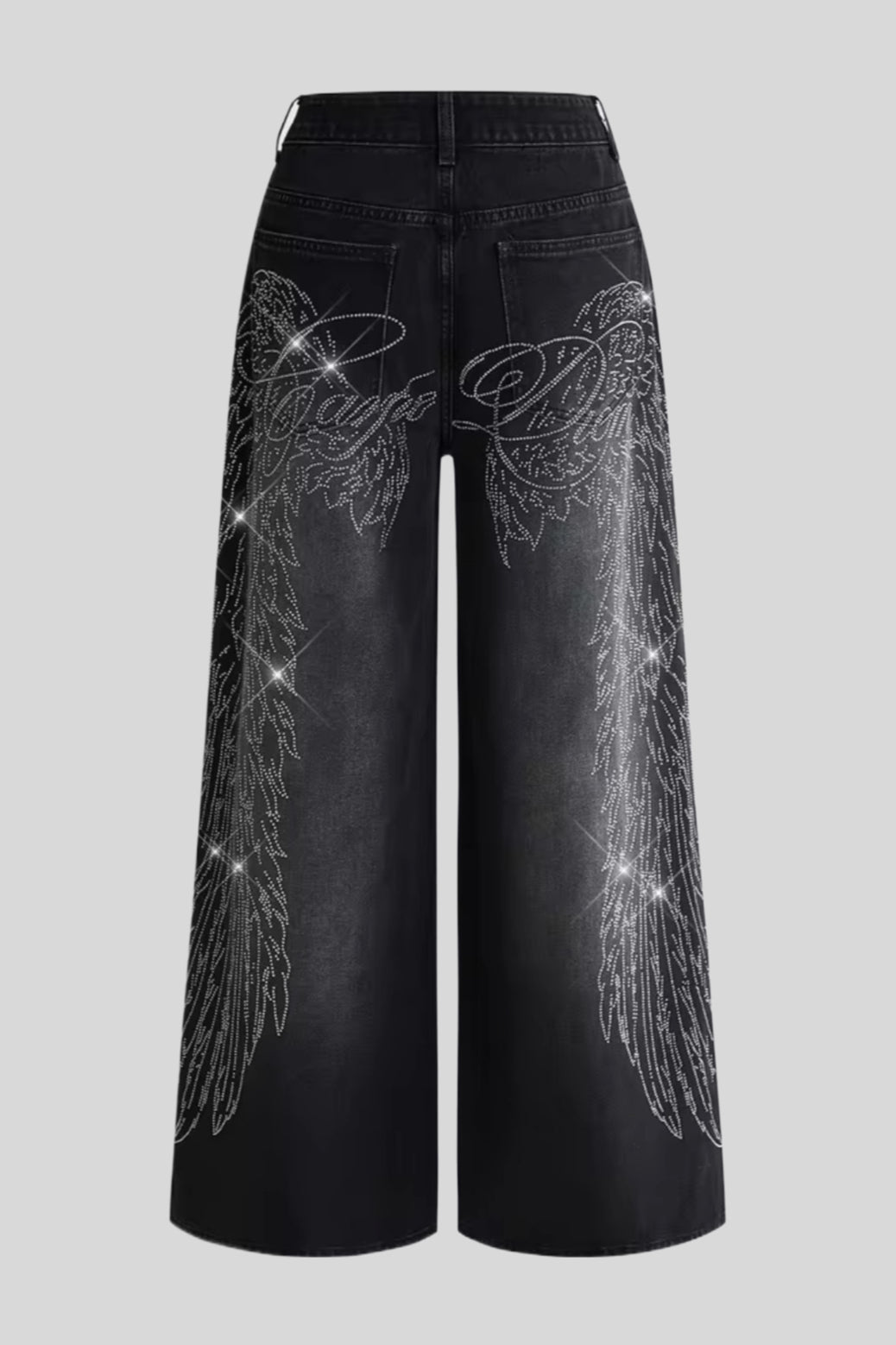 Wing Graphic Rhinestone Wide Leg Jeans
