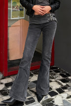 Side Metal Buckle Low Rise Flare Leg Jeans