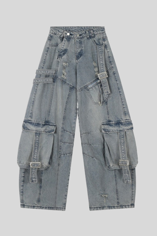 Washed Buckle Cargo Wide Leg Jeans