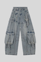Washed Buckle Cargo Wide Leg Jeans