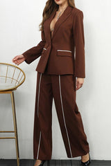 Contrast Color Relaxed Fit Blazer Casual Pants Set