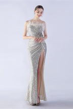 Ostrich Feather Embellished Maxi Dress Silver / S