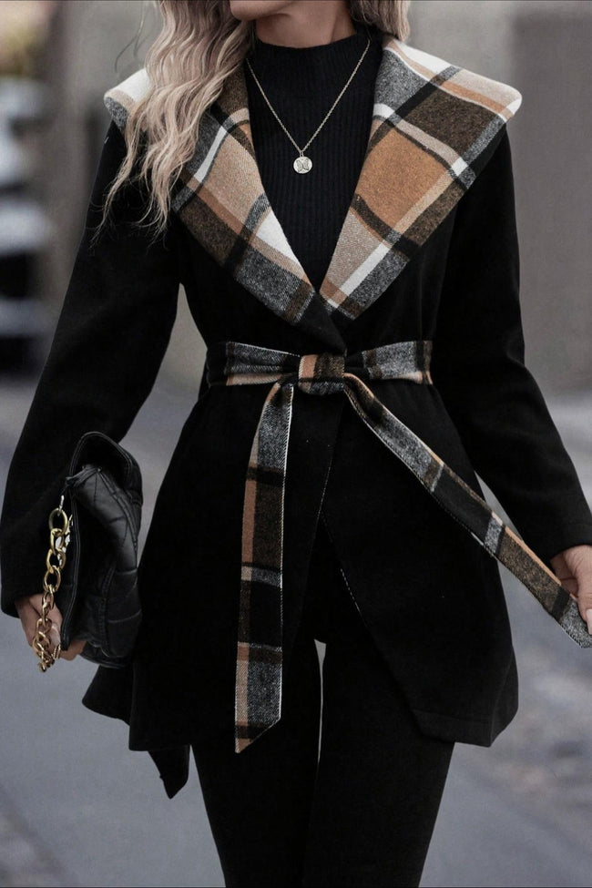 Plaid Patchwork Belted Wool Coat Black / XS coats Main image