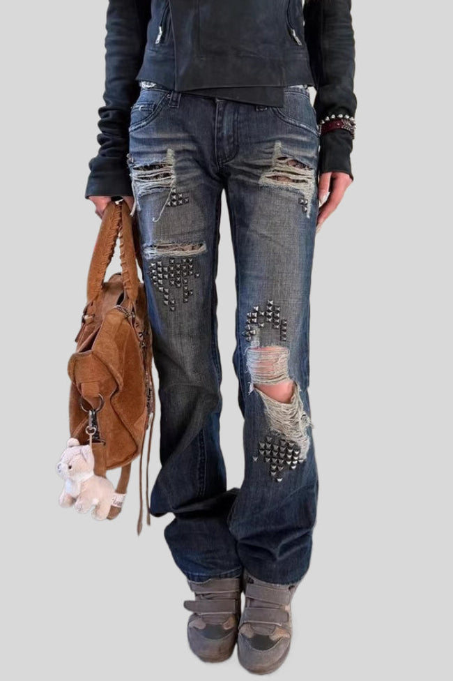Studded Ripped Flared Vintage Wash Jeans Main image