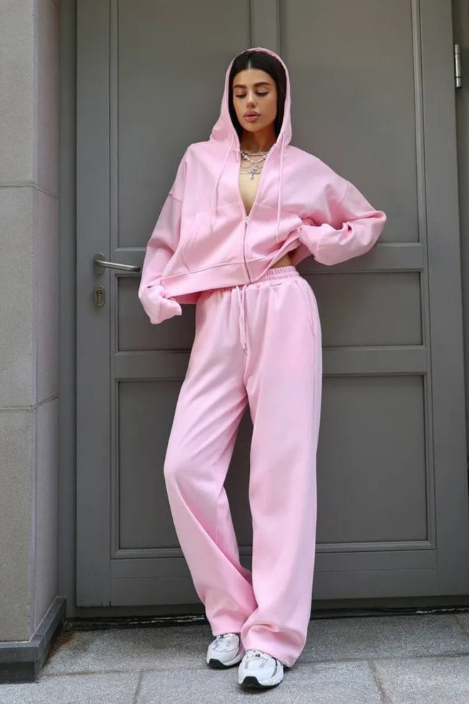 Cropped Zip Hoodie Jogger Two Piece Set