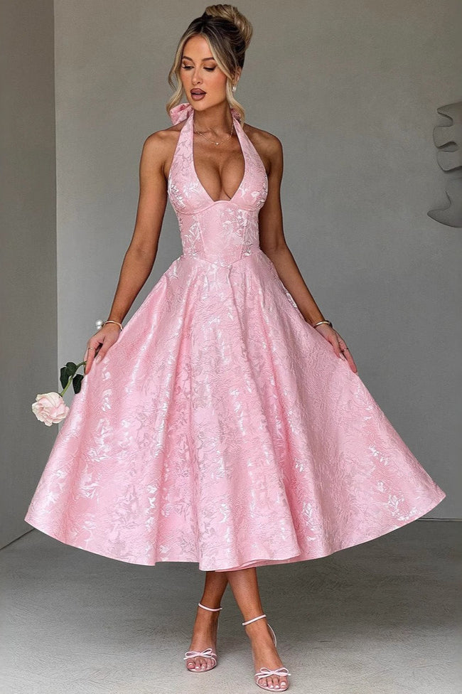 Jacquard Halter V-Neck Party Dress S / Pink Main image