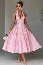 Jacquard Halter V-Neck Party Dress S / Pink