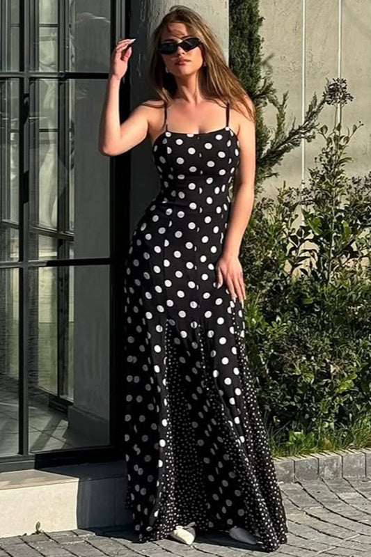 Black Polka Dot Contrast Patchwork Fitted Maxi Dress Main image