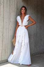 V Neck Ruffle Slit Flowy Maxi Boho Dress