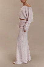 Ribbed Knit Off Shoulder Maxi Skirt Set