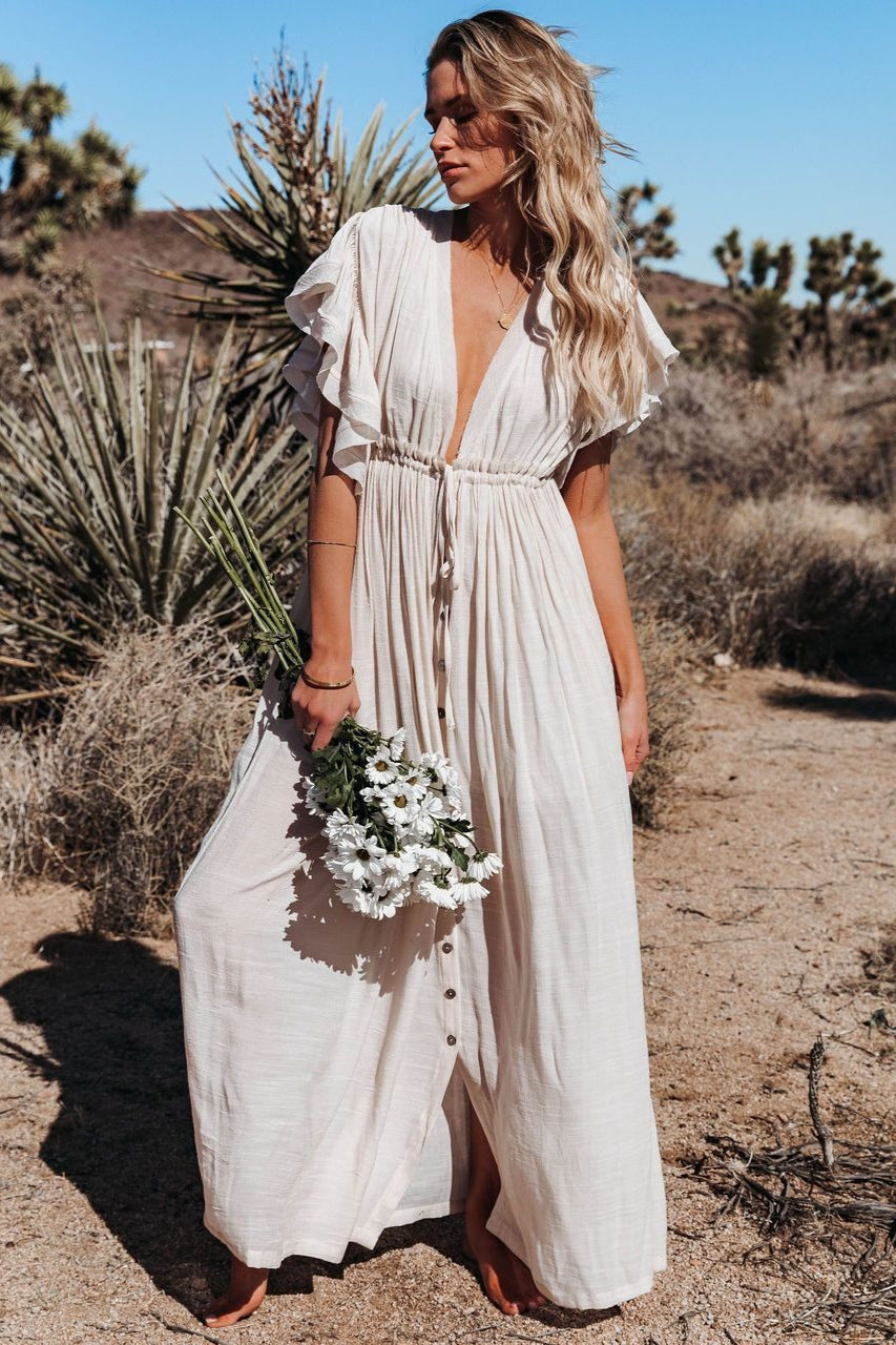 Button Front Drawstring Waist Maxi Boho Dress