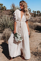 Button Front Drawstring Waist Maxi Boho Dress