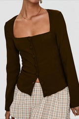 Single Button Knit Long Sleeve Blouse