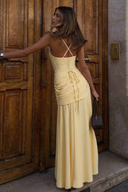 Elegant Solid Color Lace Up Ruched Maxi Dress