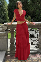 Sexy Sheer Lace Chiffon Tie Top Maxi Skirt Set