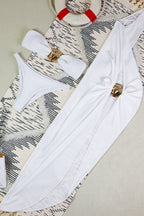 White Ruched High Slit Three Piece Swim Set