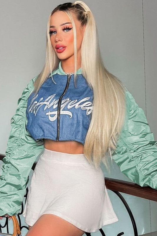 Street Style Letter Print Jacket Green / S