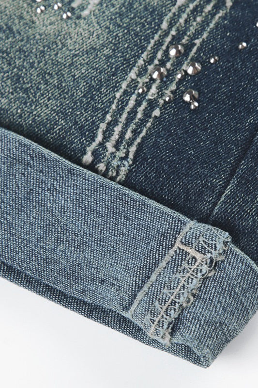 Rhinestone Distressed Denim Mini Shorts