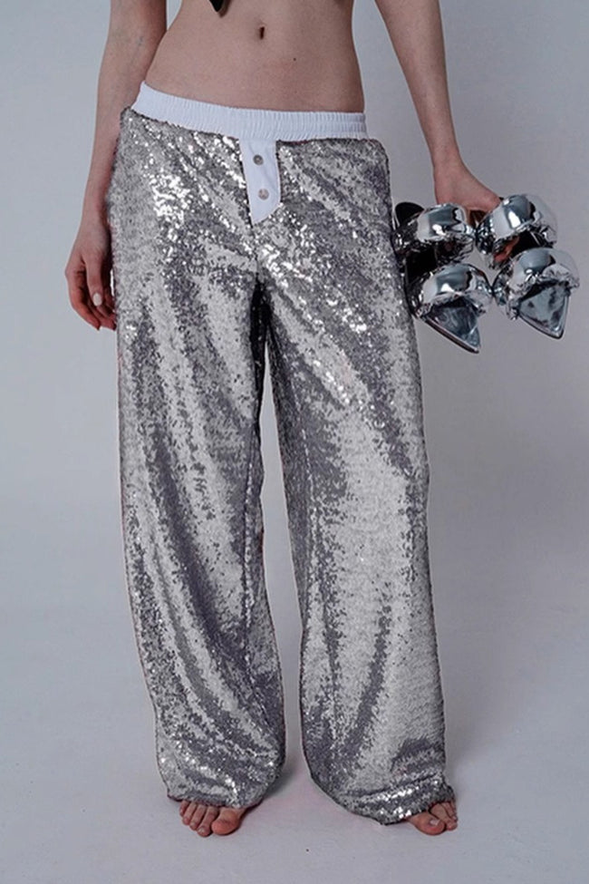 Sequin Color Block Slim Loose Pants Main image