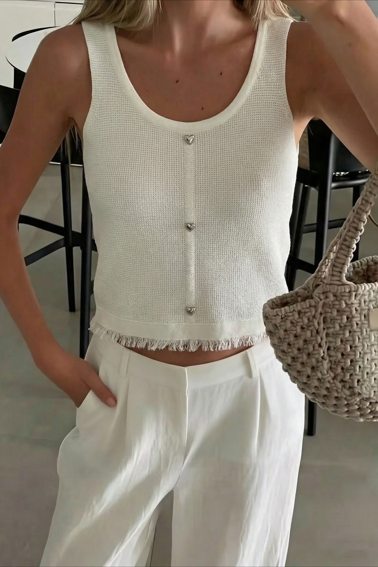 White Waffle Knit Raw Edge Cropped Tank Top Secondary image