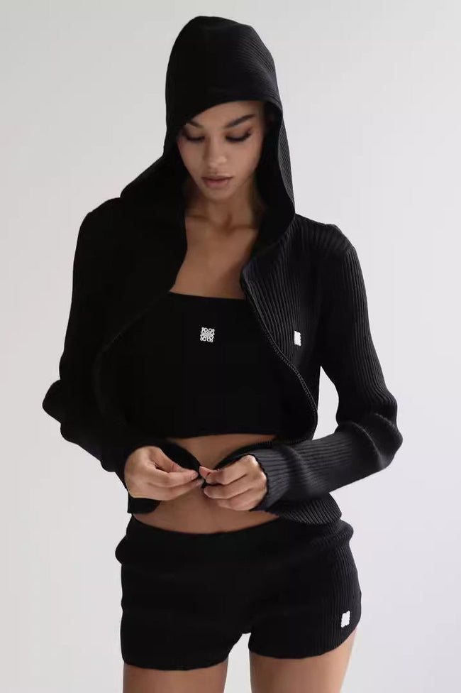 Zip Up Cropped Hooded Knit Sweater Main image