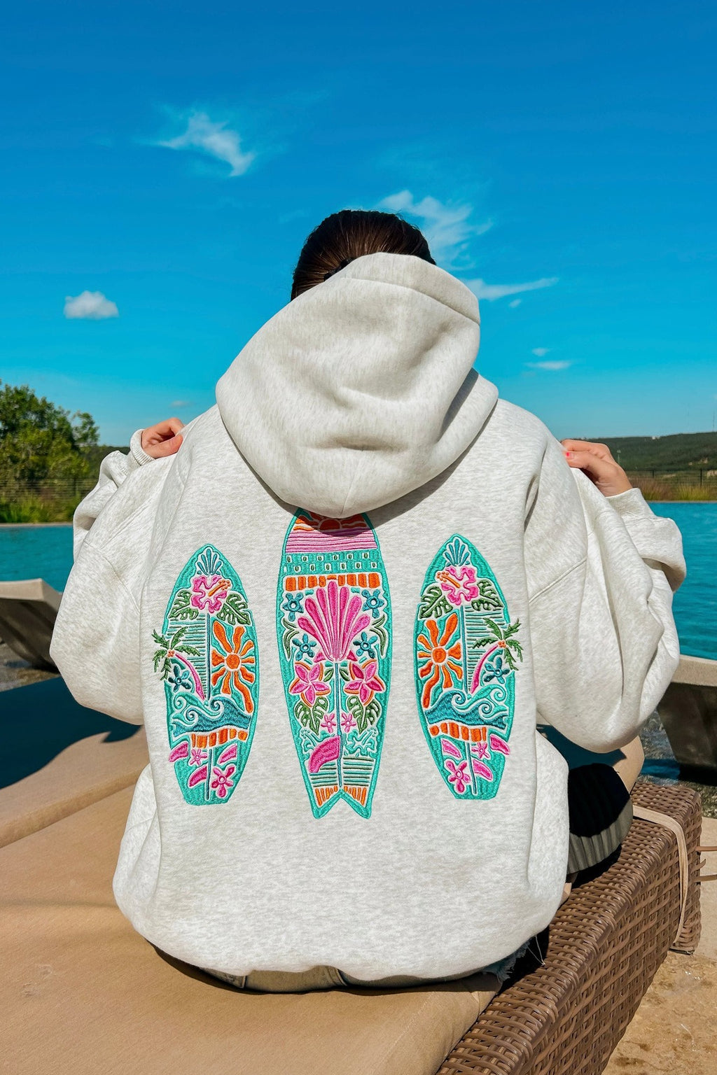 Surfboard Embroidered Fleece Lined Hoodie