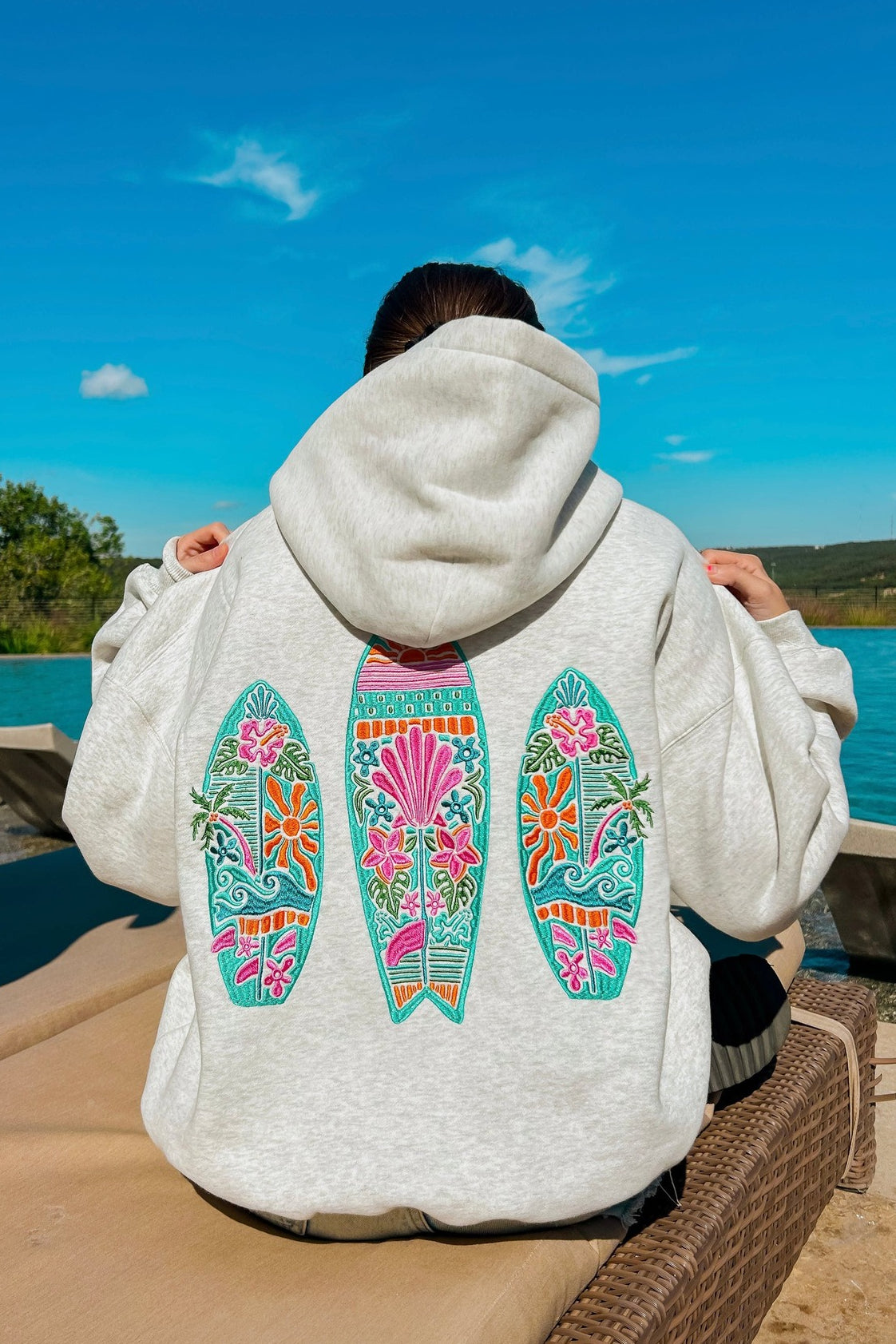 Surfboard Embroidered Fleece Lined Hoodie