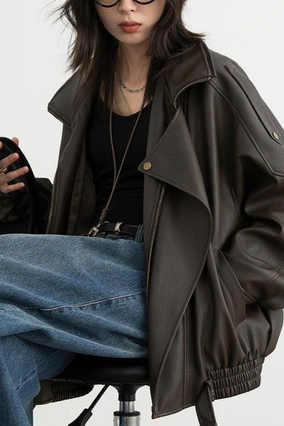 Oversized Moto Leather Jacket Brown / S Main image