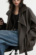 Oversized Moto Leather Jacket Brown / S