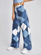 Color Block Argyle Print Wide Leg Jeans Jeans