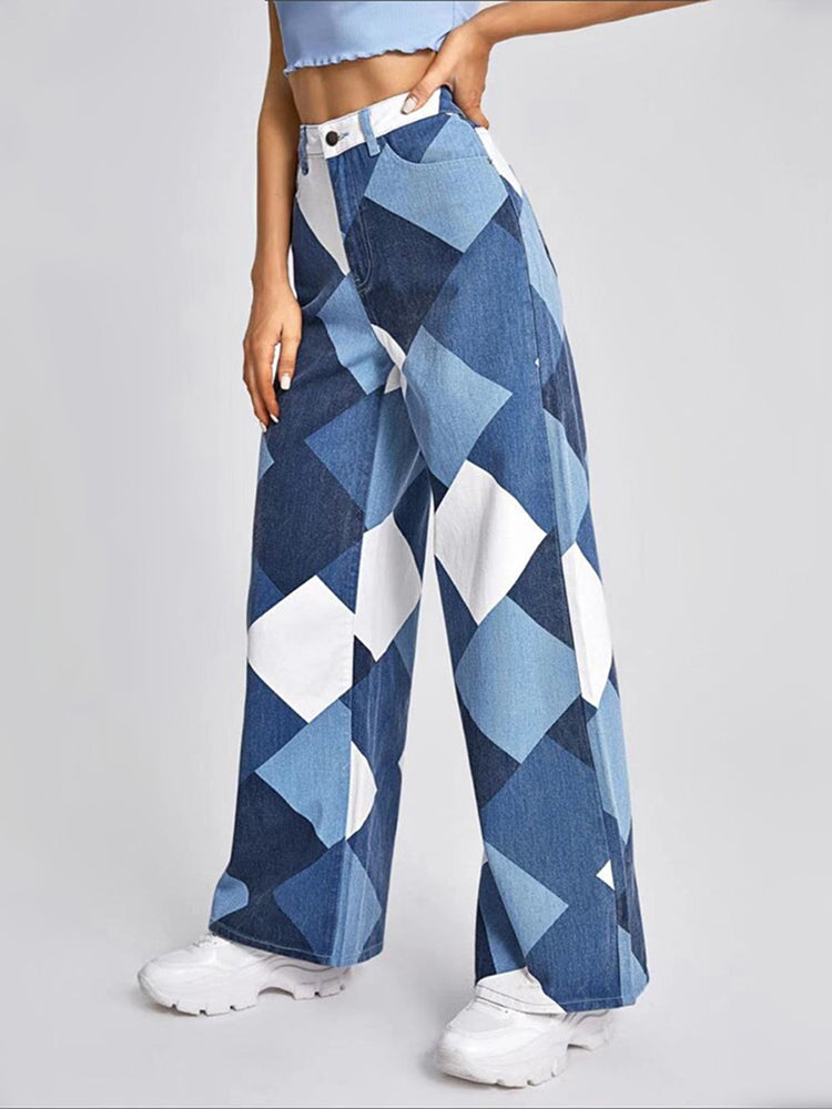 Color Block Argyle Print Wide Leg Jeans Jeans