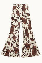 Brown Cow Print High Waist Long Flared Pants
