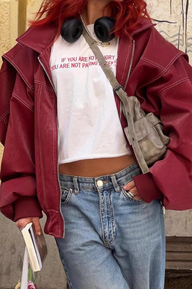 Colorblock Faux Leather Zip Jacket Red / S Main image