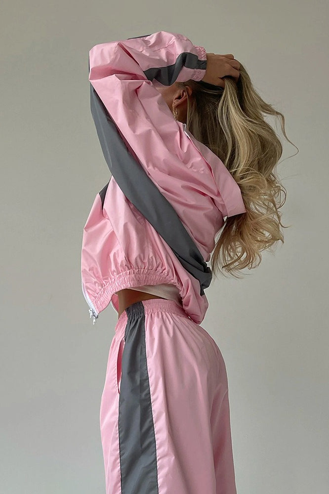 Contrast Trim Zip Jacket Two Piece Set