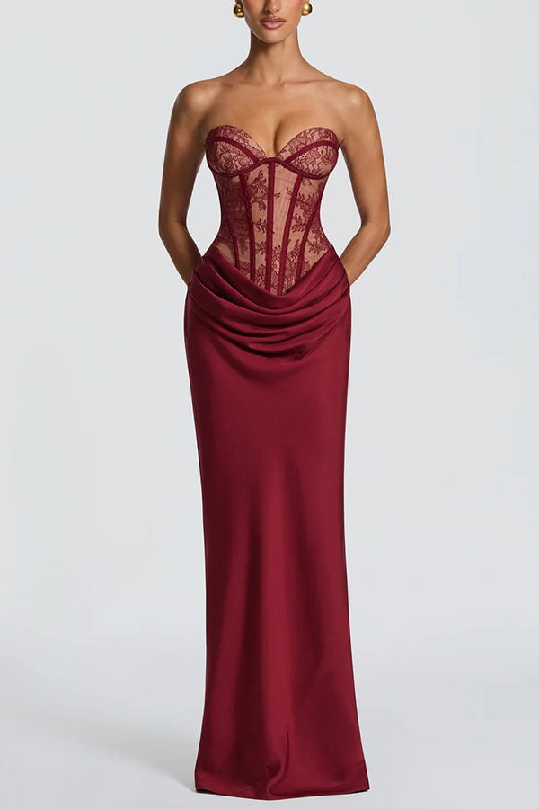 Lace Corset Draped Satin Formal Dress