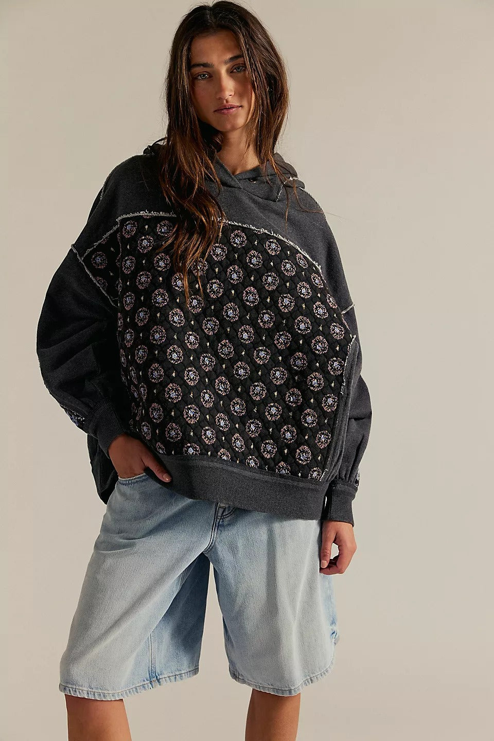 Boho Quilted Floral Patchwork Oversized Hoodie