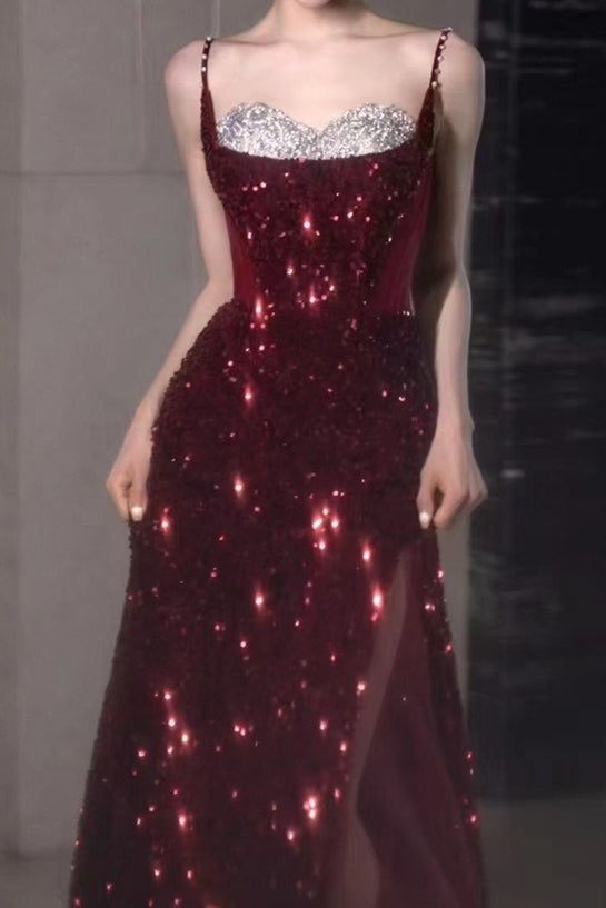 Spaghetti Strap Sequin Burgundy Glam Prom Dress Main image
