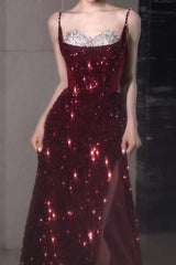 Spaghetti Strap Sequin Burgundy Glam Prom Dress