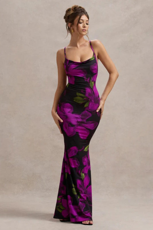 Printed Crisscross Strap Backless Slim Floral Dress