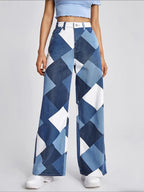 Color Block Argyle Print Wide Leg Jeans Jeans