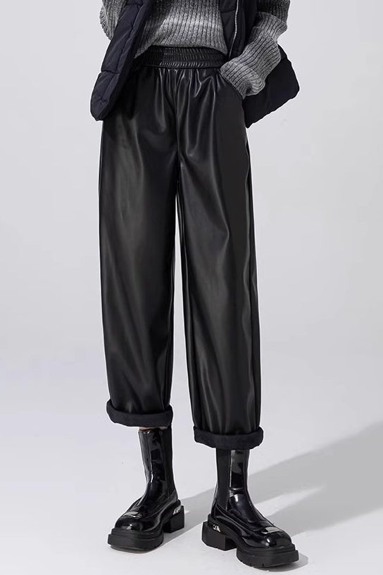 Slim PU Leather Elastic Waist Straight Pants Main image