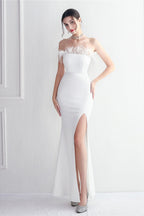 Elegant Feather Trim Strapless Formal Dress
