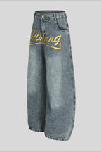 Gold Script Embroidered Barrel Leg Jeans