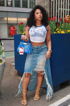 High Rise Distressed Frayed Hem Slit Denim Skirt