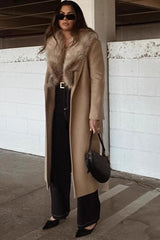 Elegant Wool Blend Long Fur Collar Overcoat