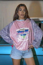 Pink Rhinestone Graphic Long Sleeve Sweatshirt