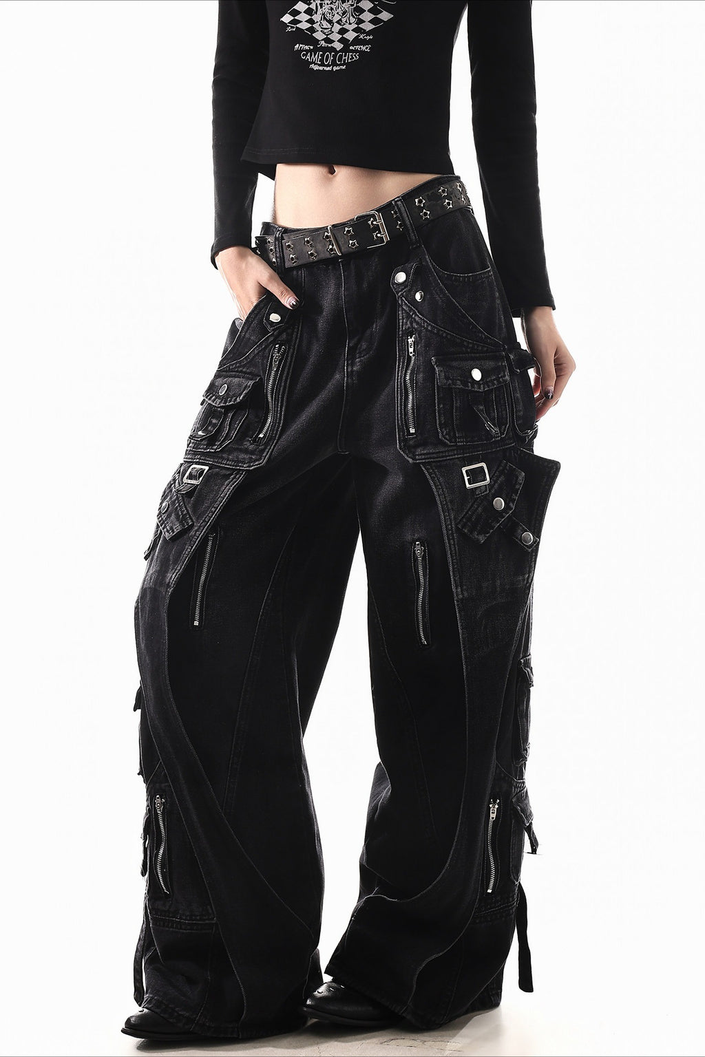 Deconstructed Buckle Cargo Wide Leg Jeans